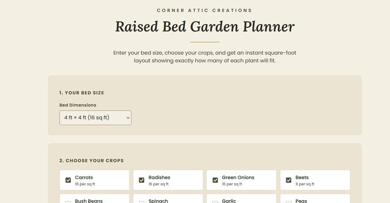Peut inclure: Une interface num&eacute;rique de planificateur de potager sur&eacute;lev&eacute; par Corner Attic Creations. L'&eacute;cran affiche un menu de s&eacute;lection de taille de lit r&eacute;gl&eacute; sur 4 ft x 4 ft (16 sq ft) et une section de s&eacute;lection de cultures avec des cases &agrave; cocher.