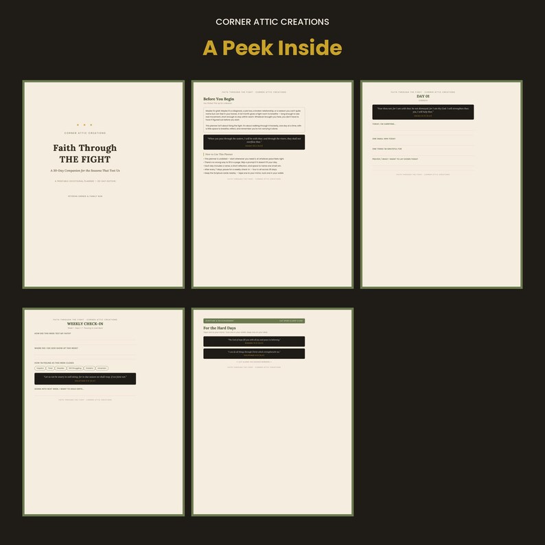 May include: Five pages from a digital devotional journal titled Faith Through The Fight. The pages feature cream-colored backgrounds with black text, including sections for Before You Begin, Day 01, Weekly Check-In, and For the Hard Days with prompts.