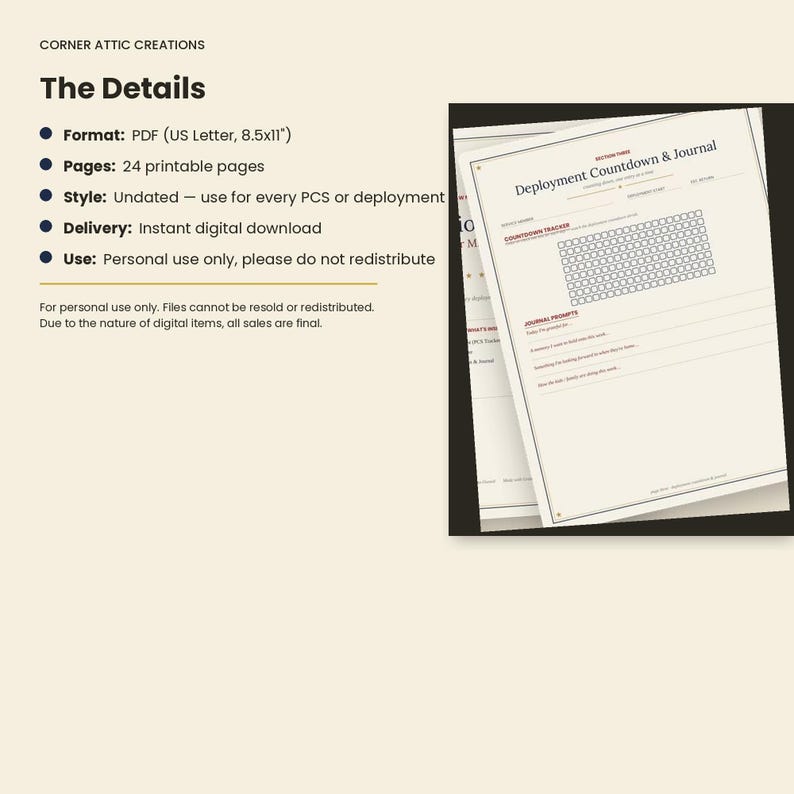 Pu&ograve; includere: Un documento PDF digitale stampabile intitolato Deployment Countdown & Journal di Corner Attic Creations. La pagina da 8,5x11 pollici presenta un tracker per il conto alla rovescia con caselle vuote e sezioni per appunti, per uso personale.