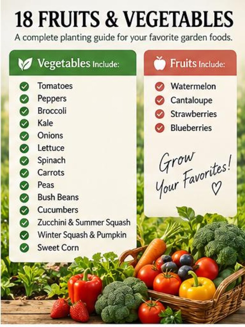 May include: A planting guide titled 18 Fruits & Vegetables with lists of produce including tomatoes, peppers, broccoli, kale, onions, lettuce, spinach, carrots, peas, beans, cucumbers, squash, and corn, alongside a basket of fresh garden produce.