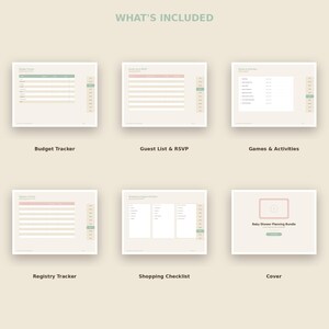 May include: A digital baby shower planning bundle featuring six distinct pages labelled Budget Tracker, Guest List & RSVP, Games & Activities, Registry Tracker, Shopping Checklist, and Cover, all displayed in a neutral colour palette with text.