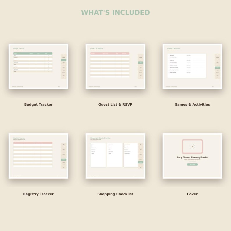 May include: A digital baby shower planning bundle featuring six distinct pages labelled Budget Tracker, Guest List & RSVP, Games & Activities, Registry Tracker, Shopping Checklist, and Cover, all displayed in a neutral colour palette with text.