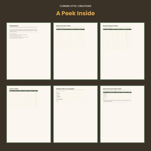 Peut inclure: Un ensemble de planificateur d'entreprise num&eacute;rique comprenant six pages intitul&eacute;es Corner Attic Creations A Peek Inside. Les pages incluent Getting Started, Business Income Tracker, Business Expense Tracker, Invoice Tracker, Monthly Profit & Loss Snapshot et Quarterly Tax Set-Aside Tracker avec des en-t&ecirc;tes vert fonc&eacute; et des mises en page en grille.