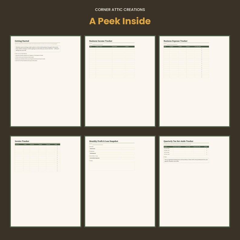 Peut inclure: Un ensemble de planificateur d'entreprise num&eacute;rique comprenant six pages intitul&eacute;es Corner Attic Creations A Peek Inside. Les pages incluent Getting Started, Business Income Tracker, Business Expense Tracker, Invoice Tracker, Monthly Profit & Loss Snapshot et Quarterly Tax Set-Aside Tracker avec des en-t&ecirc;tes vert fonc&eacute; et des mises en page en grille.