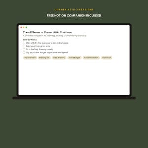 May include: A digital travel planner interface displayed on a laptop screen. The text reads Travel Planner - Corner Attic Creations, A printable companion for planning, packing & remembering every trip, How It Works, and includes navigation buttons.