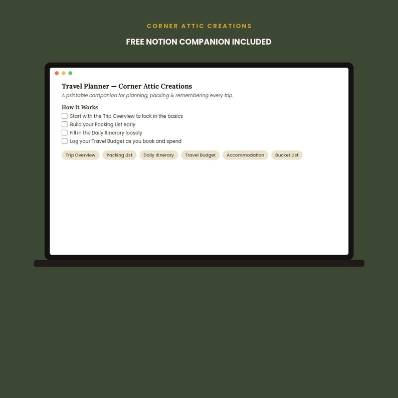 May include: A digital travel planner interface displayed on a laptop screen. The text reads Travel Planner - Corner Attic Creations, A printable companion for planning, packing & remembering every trip, How It Works, and includes navigation buttons.