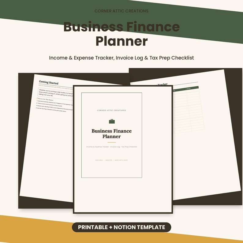 Peut inclure: Un planificateur financier d'entreprise, mod&egrave;le imprimable et Notion par Corner Attic Creations. Il comprend un suivi des revenus et d&eacute;penses, un journal de factures et une liste de contr&ocirc;le fiscale, avec une ic&ocirc;ne de mallette.