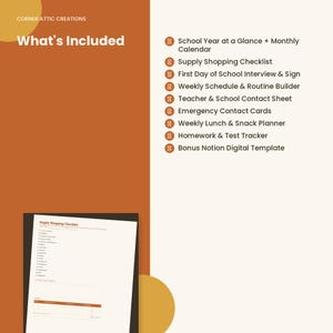 Op de afbeelding: Een digitale planner-set van Corner Attic Creations met een lijst van inbegrepen items: schooljaaroverzicht, maandkalender, checklist voor schoolbenodigdheden, interview voor de eerste schooldag, weekschema, contactbladen en Notion-sjabloon.