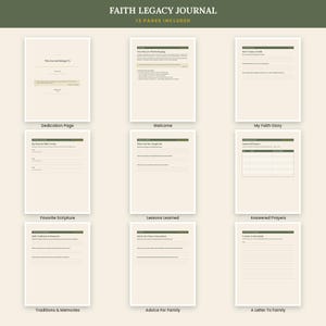 May include: A Faith Legacy Journal template set featuring 13 pages with a cream background and olive green headers. The pages include sections for Dedication, Welcome, My Faith Story, Favorite Scripture, Lessons Learned, Answered Prayers, Traditions, and Letters.