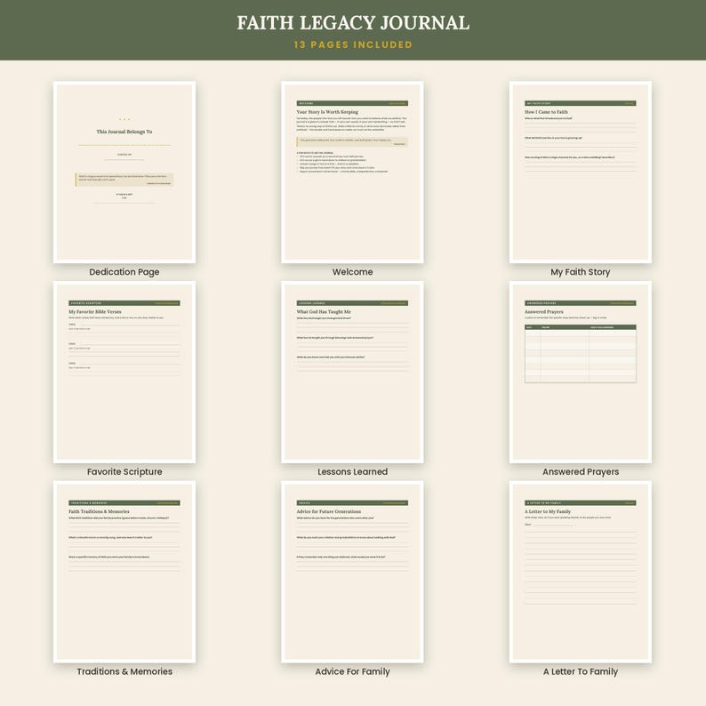 May include: A Faith Legacy Journal template set featuring 13 pages with a cream background and olive green headers. The pages include sections for Dedication, Welcome, My Faith Story, Favorite Scripture, Lessons Learned, Answered Prayers, Traditions, and Letters.
