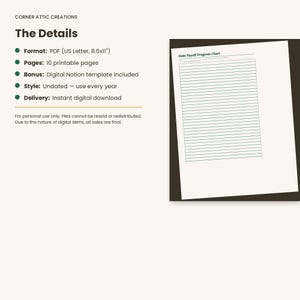 May include: A digital debt payoff progress chart template with horizontal lines on a white page. The text reads Corner Attic Creations, The Details, Format: PDF (US Letter, 8.5x11), Pages: 10 printable pages, Bonus: Digital Notion template included.