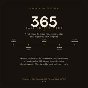 Op de afbeelding: Een zwarte digitale sjabloonafbeelding getiteld 365 Days in the Word door Corner Attic Creations. Het bevat een tijdlijn van dag 1 Genesis tot dag 365 Openbaring, met een bijbelleesplan van 3-4 hoofdstukken per dag en een 7-daags startplan.