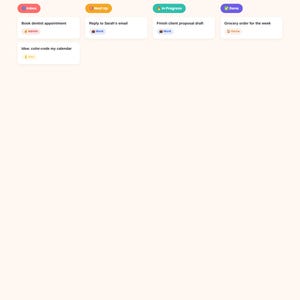 May include: A digital task management board titled Brain Dump & Task Capture with columns labeled Inbox, Next Up, In Progress, and Done. The board contains task cards with labels for Admin, Work, Home, and Idea, organized in a clean layout.