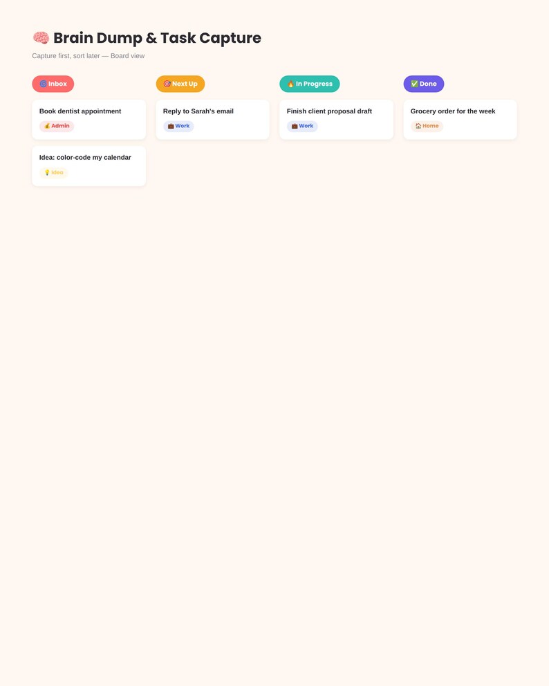 May include: A digital task management board titled Brain Dump & Task Capture with columns labeled Inbox, Next Up, In Progress, and Done. The board contains task cards with labels for Admin, Work, Home, and Idea, organized in a clean layout.