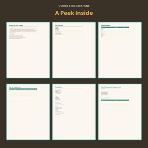 Pode incluir: Um modelo de planejador de viagem digital com seis p&aacute;ginas distintas intituladas Corner Attic Creations A Peek Inside. As p&aacute;ginas incluem se&ccedil;&otilde;es para How to Use This Planner, Trip Overview, Vacation Budget, Day-by-Day Itinerary, Packing List e Travel Documents & Important Info.