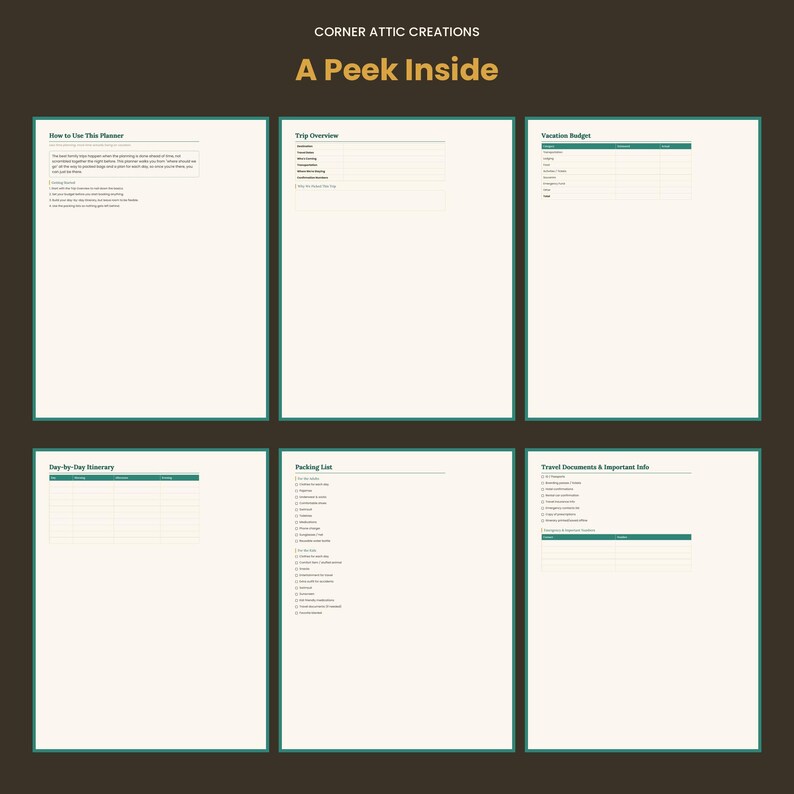 Pode incluir: Um modelo de planejador de viagem digital com seis p&aacute;ginas distintas intituladas Corner Attic Creations A Peek Inside. As p&aacute;ginas incluem se&ccedil;&otilde;es para How to Use This Planner, Trip Overview, Vacation Budget, Day-by-Day Itinerary, Packing List e Travel Documents & Important Info.
