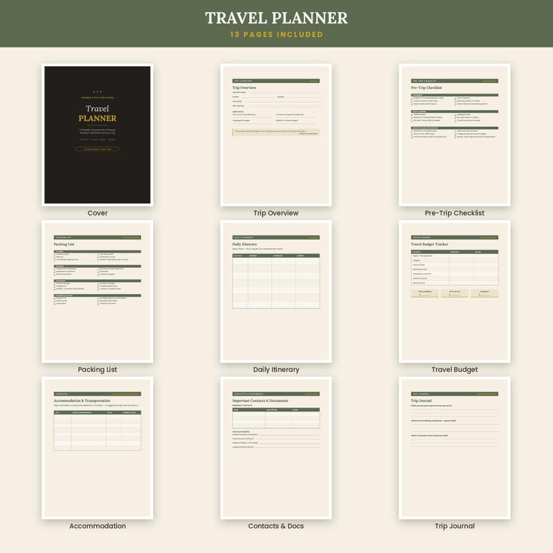 May include: A digital travel planner set featuring 13 pages with a dark cover and cream-colored interior sheets. The pages include sections for trip overview, pre-trip checklist, packing list, daily itinerary, travel budget, accommodation, contacts, and a trip journal.
