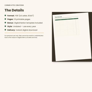 Puede incluir: Un listado de producto digital titulado Corner Attic Creations The Details, que incluye un PDF de 10 p&aacute;ginas en formato de 21,6x27,9 cm. Contiene una plantilla de Notion y una p&aacute;gina imprimible Use It Up List sin fecha con encabezado verde.