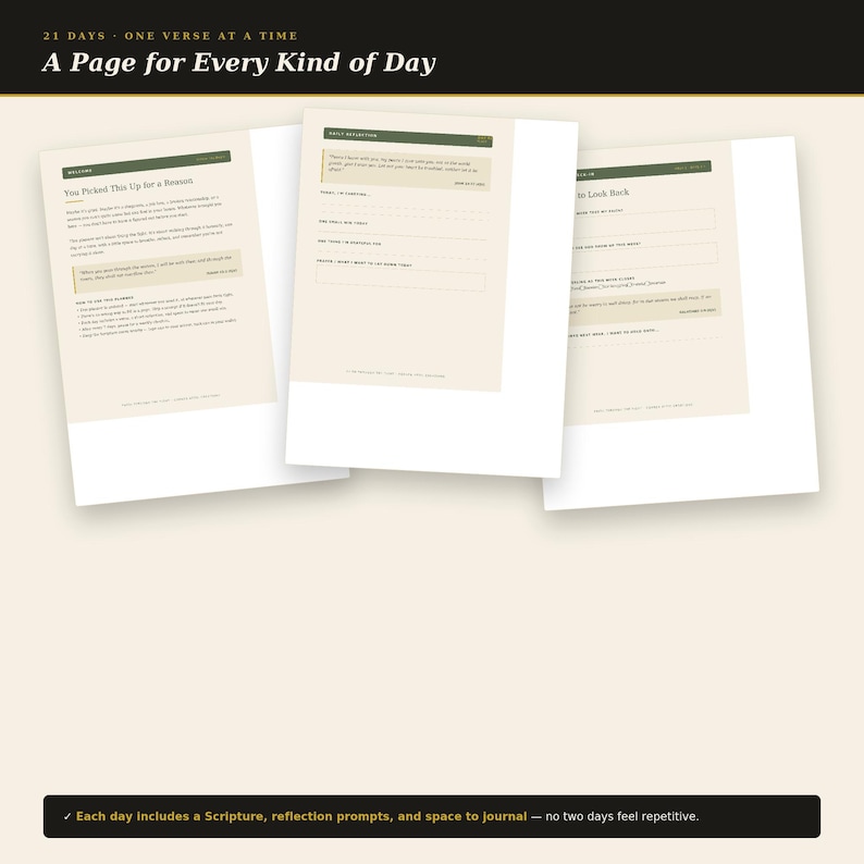 May include: Three cream-colored journal pages with dark green headers and black text. The pages feature the titles "You Picked This Up for a Reason," "Daily Reflection," and "To Look Back," with structured prompts, lines for writing, and scripture references.