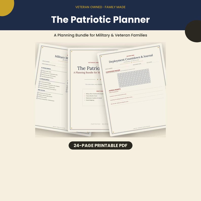 Pu&ograve; includere: Un pacchetto di pianificazione in PDF stampabile di 24 pagine intitolato The Patriotic Planner per famiglie di militari e veterani. Il documento include pagine per una lista di controllo per traslochi militari, un diario di dispiegamento e vari moduli.