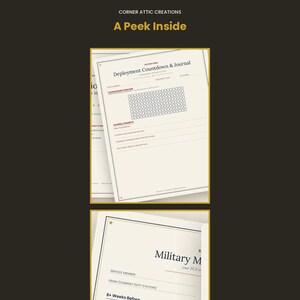 Pu&ograve; includere: Una pagina di agenda in carta bianca intitolata Deployment Countdown & Journal con una griglia di monitoraggio, suggerimenti per il diario e righe per le note. Sotto, una seconda pagina intitolata Military M mostra campi per i dettagli del servizio.