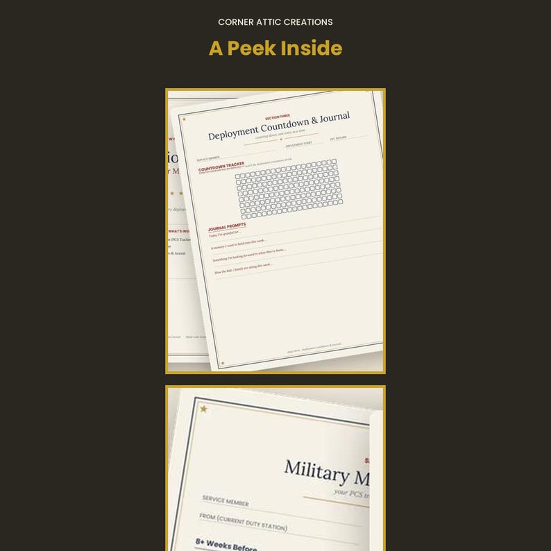 Pu&ograve; includere: Una pagina di agenda in carta bianca intitolata Deployment Countdown & Journal con una griglia di monitoraggio, suggerimenti per il diario e righe per le note. Sotto, una seconda pagina intitolata Military M mostra campi per i dettagli del servizio.
