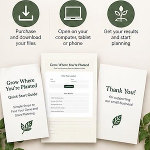 May include: An instant digital download guide for garden planning. The document includes a Quick Start Guide, a Grow Where You're Planted form, and a Thank You card. Icons illustrate the download process, and the text reads Plan Smarter. Grow Better. All Year Long.