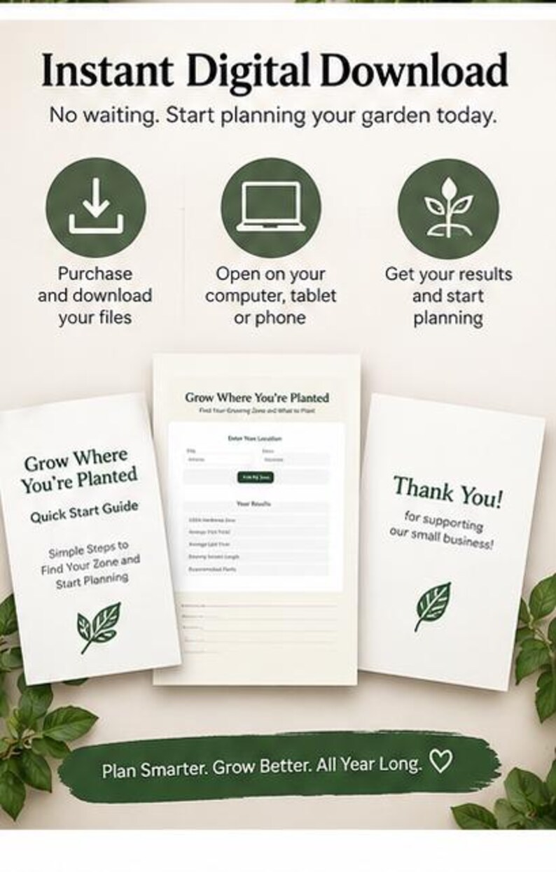 May include: An instant digital download guide for garden planning. The document includes a Quick Start Guide, a Grow Where You're Planted form, and a Thank You card. Icons illustrate the download process, and the text reads Plan Smarter. Grow Better. All Year Long.