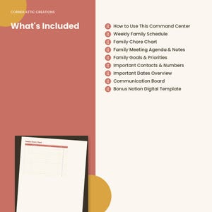 K&ouml;nnte beinhalten: Ein digitales Planer-Set von Corner Attic Creations mit dem Titel What's Included, das Elemente wie einen w&ouml;chentlichen Familienplan, eine Aufgabenliste, eine Agenda, Ziele, Kontakte, wichtige Termine und eine Notion-Vorlage auflistet.