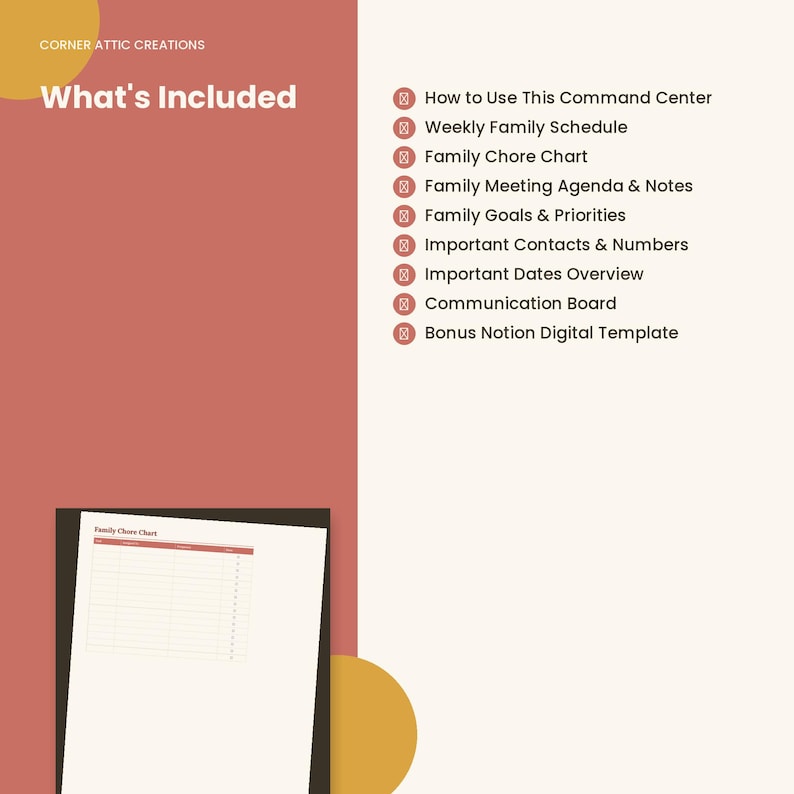 K&ouml;nnte beinhalten: Ein digitales Planer-Set von Corner Attic Creations mit dem Titel What's Included, das Elemente wie einen w&ouml;chentlichen Familienplan, eine Aufgabenliste, eine Agenda, Ziele, Kontakte, wichtige Termine und eine Notion-Vorlage auflistet.