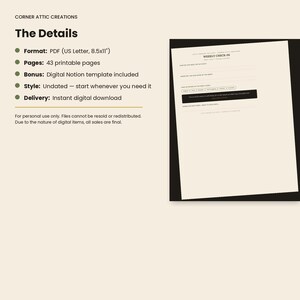 May include: A digital planner product listing featuring the text Corner Attic Creations and The Details. It lists a 43-page PDF format in 8.5x11 inches, a Notion template, and undated pages. A preview of a Weekly Check-In page is shown on the right side.