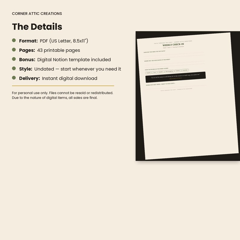 May include: A digital planner product listing featuring the text Corner Attic Creations and The Details. It lists a 43-page PDF format in 8.5x11 inches, a Notion template, and undated pages. A preview of a Weekly Check-In page is shown on the right side.