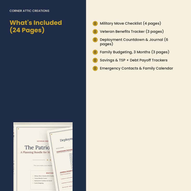 Pu&ograve; includere: Un pacchetto di pianificazione digitale di 24 pagine intitolato The Patriot, che include una lista di controllo per traslochi militari, un tracker per i benefici dei veterani, un diario di dispiegamento, budget familiare e tracker dei debiti.