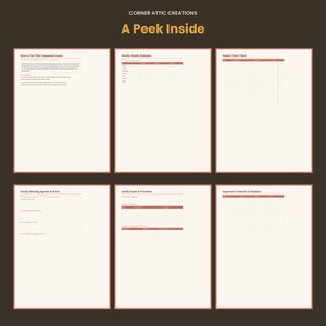 K&ouml;nnte beinhalten: Ein digitales Planer-Set mit dem Titel Corner Attic Creations A Peek Inside, bestehend aus sechs wei&szlig;en Seiten mit rotbraunem Text und Rasterlinien. Die Seiten enthalten eine Anleitung f&uuml;r das Kommandozentrum, einen Wochenplan, eine Aufgabenliste, ein Meeting-Protokoll, Ziele und Kontakte.