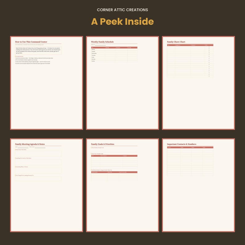 K&ouml;nnte beinhalten: Ein digitales Planer-Set mit dem Titel Corner Attic Creations A Peek Inside, bestehend aus sechs wei&szlig;en Seiten mit rotbraunem Text und Rasterlinien. Die Seiten enthalten eine Anleitung f&uuml;r das Kommandozentrum, einen Wochenplan, eine Aufgabenliste, ein Meeting-Protokoll, Ziele und Kontakte.