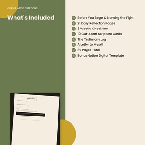 May include: A digital planner document with a green and cream background. The text reads: Corner Attic Creations, What's Included, Before You Begin & Naming the Fight, 21 Daily Reflection Pages, 3 Weekly Check-Ins, 10 Cut-Apart Scripture Cards, The Testimony Log, A Letter to Myself, 32 Pages Total, Bonus Notion Digital Template.