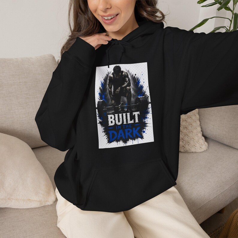 Built In The Dark Athlete Hoodie, Gym Motivation Hoodie, Workout Hoodie, Fitness Apparel, Weightlifting Tee, Bodybuilding Gift image 1
