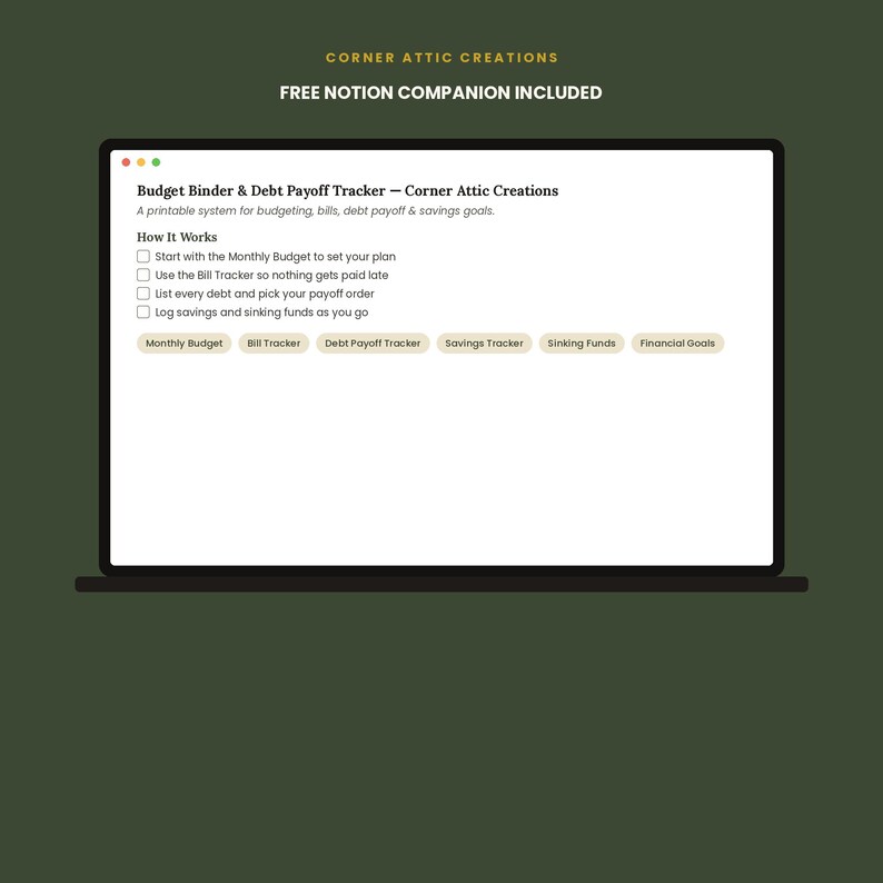 May include: A digital display on a laptop screen showing a Budget Binder & Debt Payoff Tracker by Corner Attic Creations. The interface includes a how-it-works checklist and navigation buttons for Monthly Budget, Bill Tracker, and Savings Tracker.