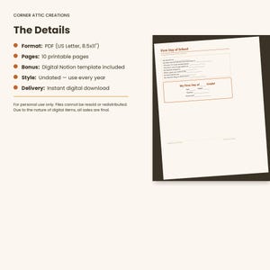 Op de afbeelding: Een digitaal printbaar PDF-document getiteld First Day of School met een vragenlijst met lijnen voor leerlinggegevens zoals leraar, favoriete vakken en leerjaar, geformatteerd voor 21,59x27,94 cm papierformaat.