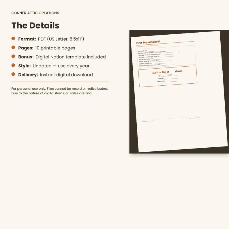 Op de afbeelding: Een digitaal printbaar PDF-document getiteld First Day of School met een vragenlijst met lijnen voor leerlinggegevens zoals leraar, favoriete vakken en leerjaar, geformatteerd voor 21,59x27,94 cm papierformaat.