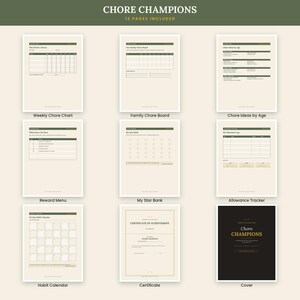 May include: A digital printable set titled Chore Champions featuring 12 pages including a weekly chore chart, family chore board, chore ideas by age, reward menu, star bank, allowance tracker, habit calendar, certificate of achievement, and cover.
