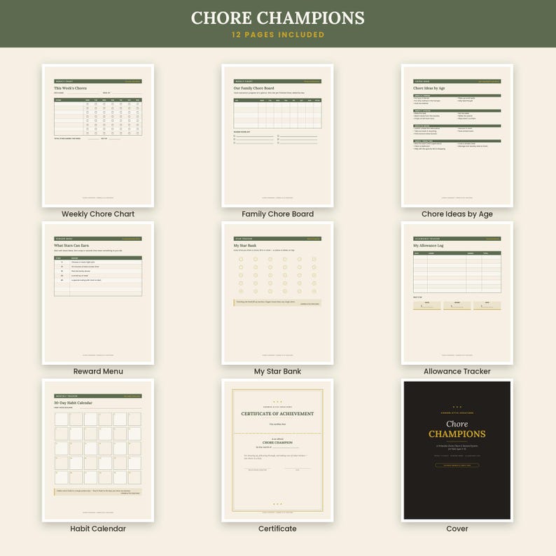 May include: A digital printable set titled Chore Champions featuring 12 pages including a weekly chore chart, family chore board, chore ideas by age, reward menu, star bank, allowance tracker, habit calendar, certificate of achievement, and cover.
