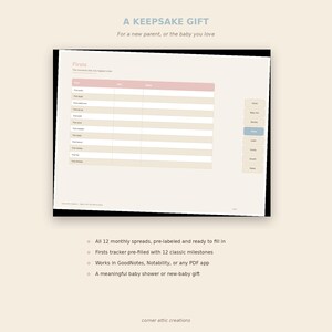 May include: A digital baby milestone tracker page with a light cream background, featuring a table titled Firsts with columns for Event, Date, and Notes. The table lists twelve milestones. A vertical navigation menu on the right includes tabs for Home, Baby Info, Months, Firsts, Letter, Family, Growth, and Notes.