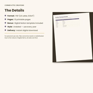 May include: A digital product listing for a weekly cleaning schedule. The text lists details including a PDF format in 8.5x11 inch size, 10 printable pages, and a Notion template. A preview of the white cleaning schedule document is shown.