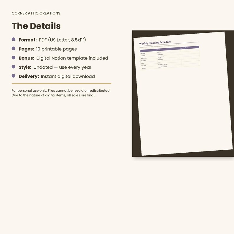 May include: A digital product listing for a weekly cleaning schedule. The text lists details including a PDF format in 8.5x11 inch size, 10 printable pages, and a Notion template. A preview of the white cleaning schedule document is shown.