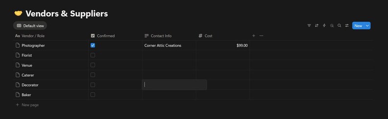 May include: A digital table titled Vendors & Suppliers with a dark theme interface. The table includes columns for Vendor/Role, Confirmed status, Contact Info, and Cost. Rows list roles such as Photographer, Florist, Venue, Caterer, Decorator, and Baker.