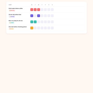 May include: A digital habit and routine tracker interface featuring a list of daily tasks including drinking water, tidying, moving, and completing one task. The tracker displays colored checkmark boxes for each day of the week with labels.