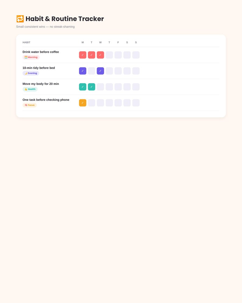 May include: A digital habit and routine tracker interface featuring a list of daily tasks including drinking water, tidying, moving, and completing one task. The tracker displays colored checkmark boxes for each day of the week with labels.