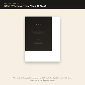 May include: A rectangular planner page with a black central panel featuring gold text and three dots. The top header reads UNDATED - USE ANYTIME and Start Whenever You Need It Most. The bottom text reads You made it through these pages and the days.