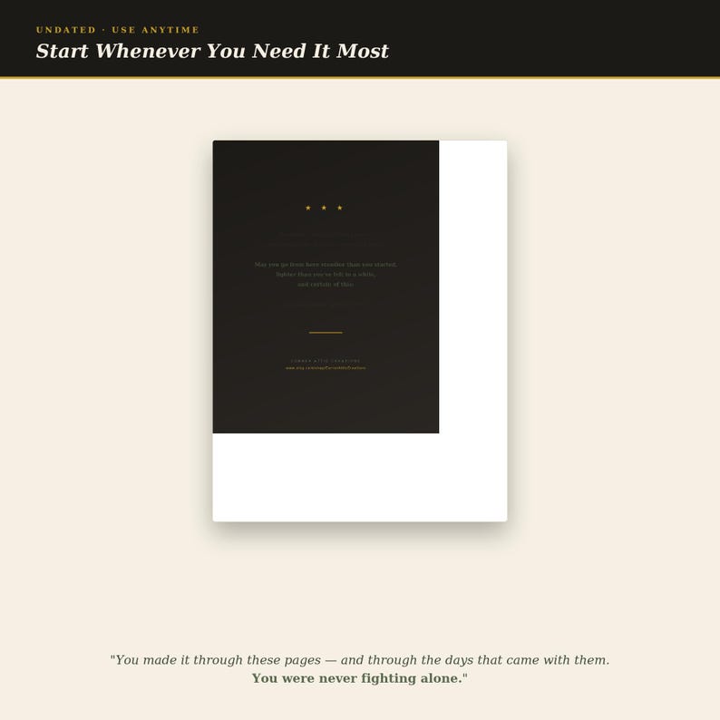 May include: A rectangular planner page with a black central panel featuring gold text and three dots. The top header reads UNDATED - USE ANYTIME and Start Whenever You Need It Most. The bottom text reads You made it through these pages and the days.